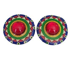 Signed DCZ Blue Red Resin Round Dome Cab Clip-On Earrings, M407